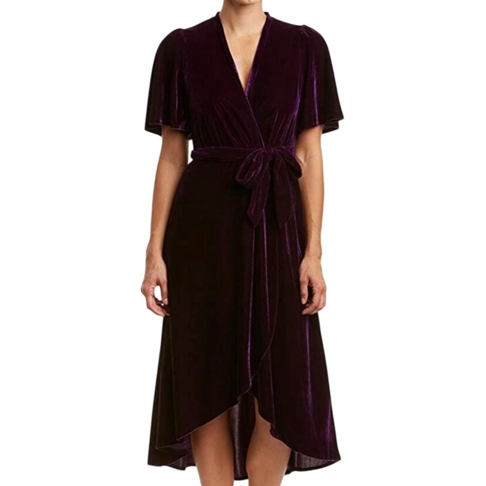 Donna Morgan Velvet faux Wrap Dress Flutter Sleeve Midi Cocktail Party Purple 12